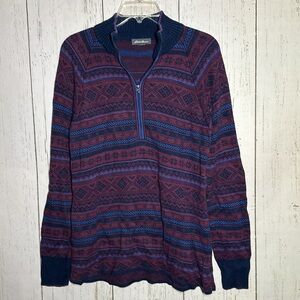 Eddie Bauer Blue & Burgundy Striped 1/2 Zip Nordic Sweater Men’s Size Medium